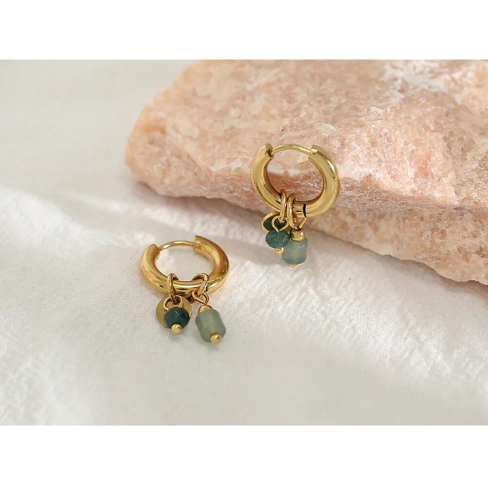 18K Gold Plated Hoop Earrings w/ Natural Green Stone