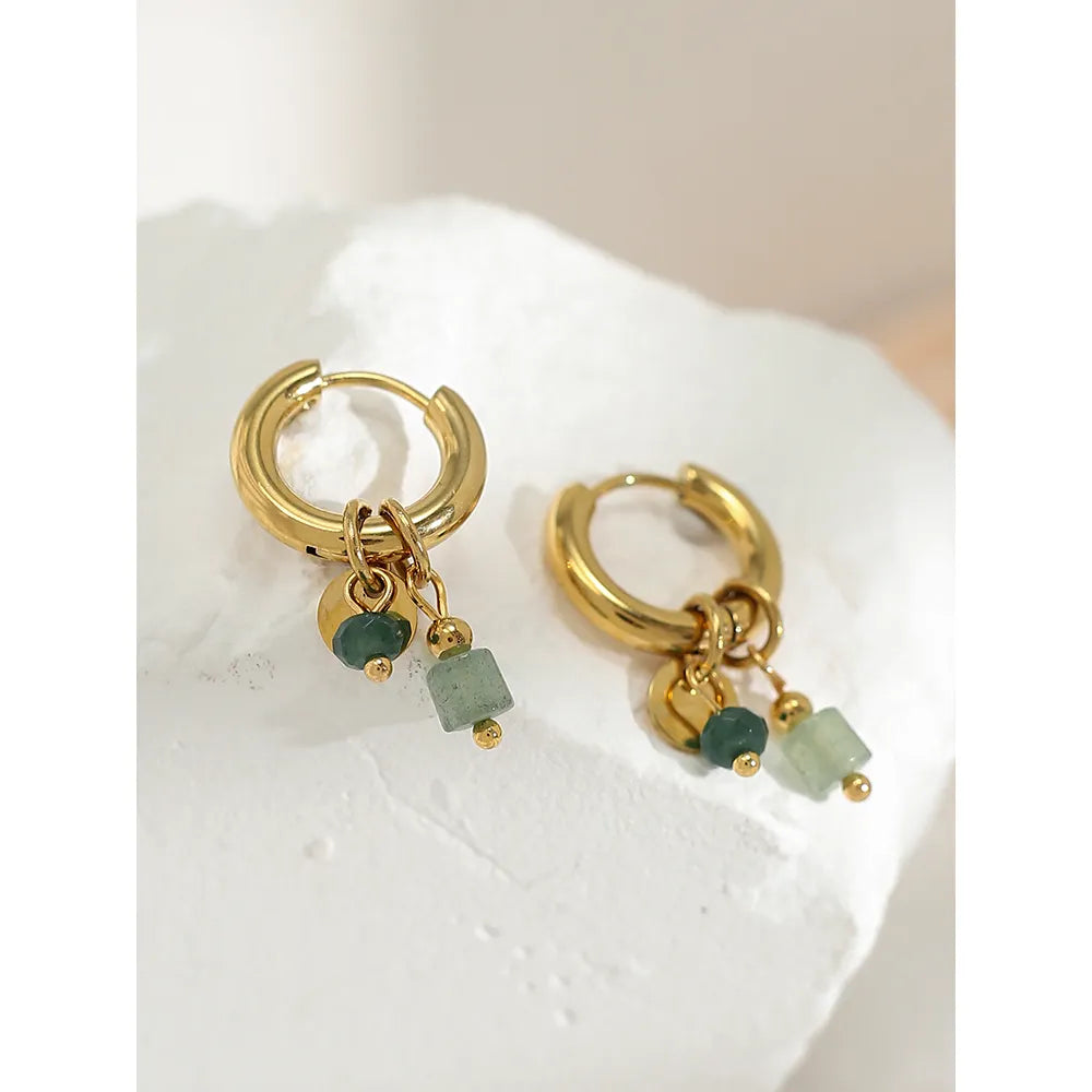 18K Gold Plated Hoop Earrings w/ Natural Green Stone