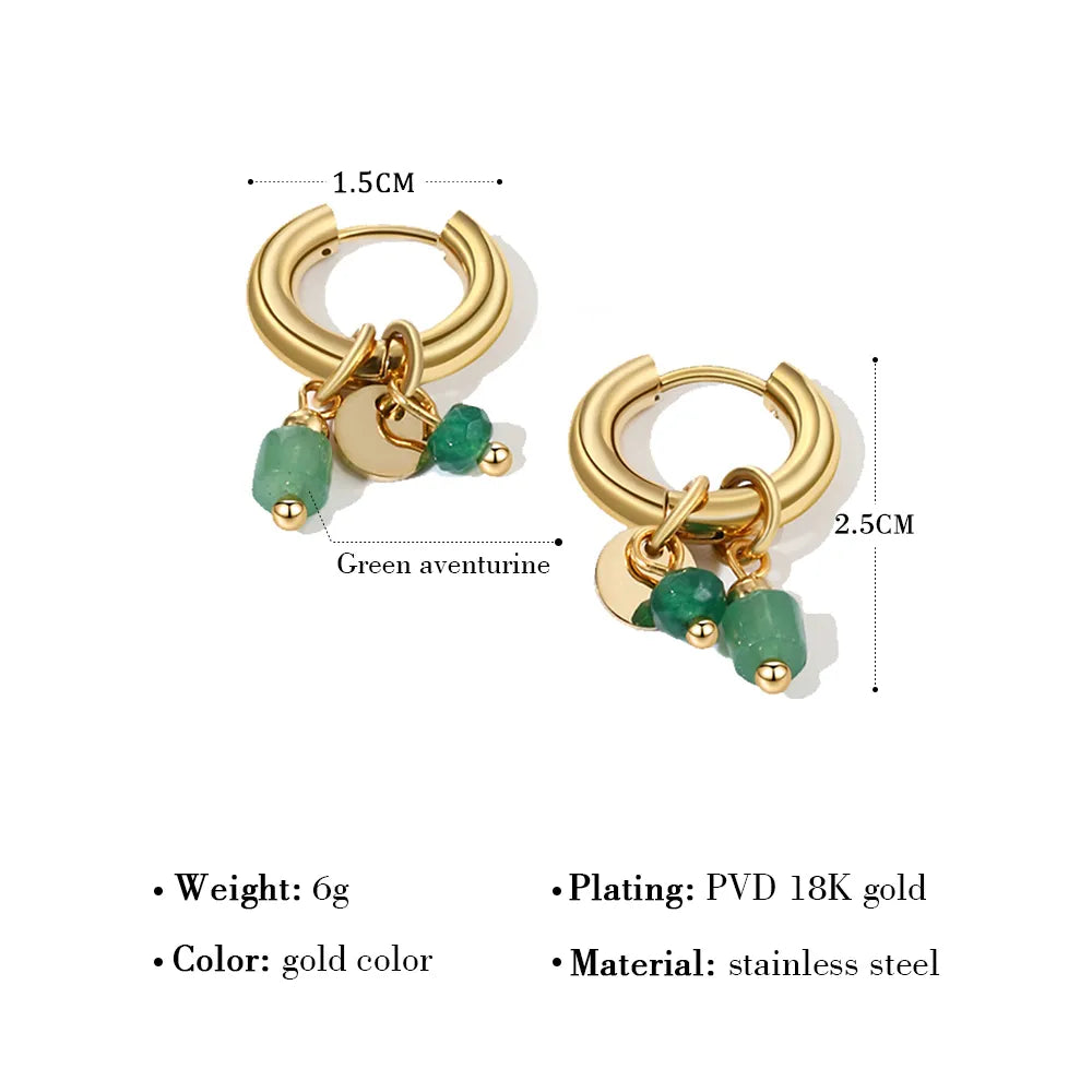 18K Gold Plated Hoop Earrings w/ Natural Green Stone