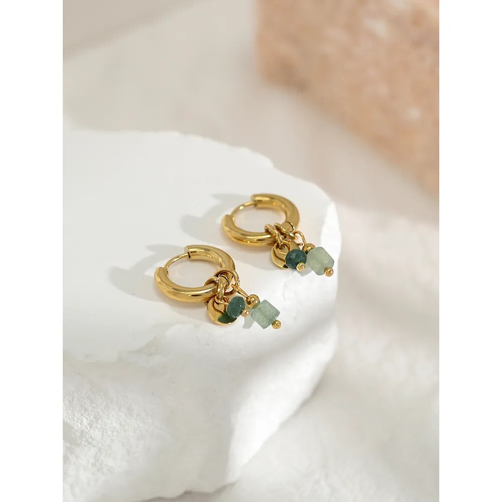 18K Gold Plated Hoop Earrings w/ Natural Green Stone