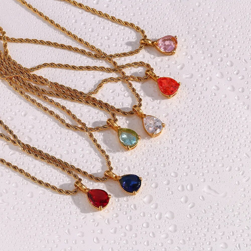 Waterdrop Birthstone Pendant Necklace with Rope Chain