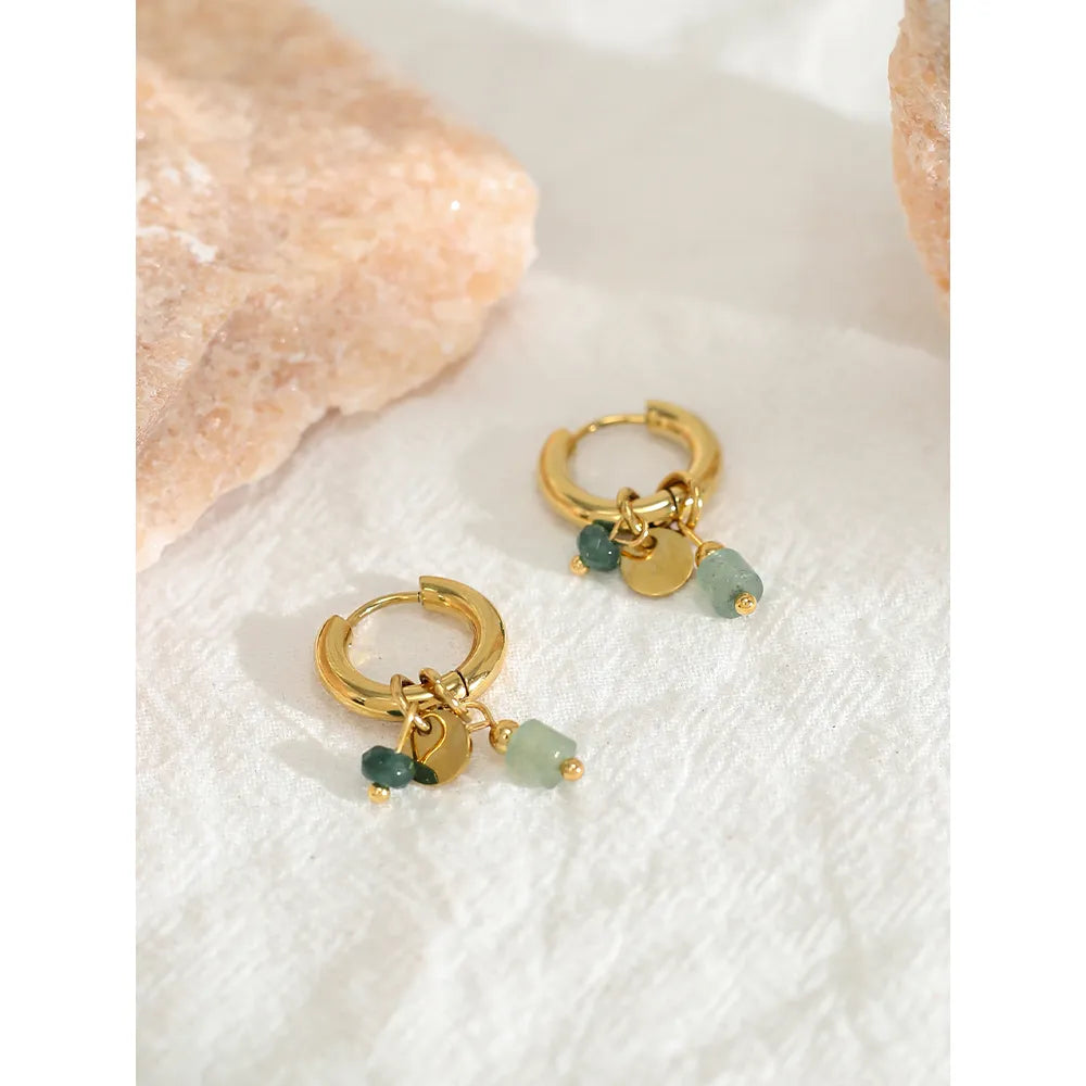 18K Gold Plated Hoop Earrings w/ Natural Green Stone